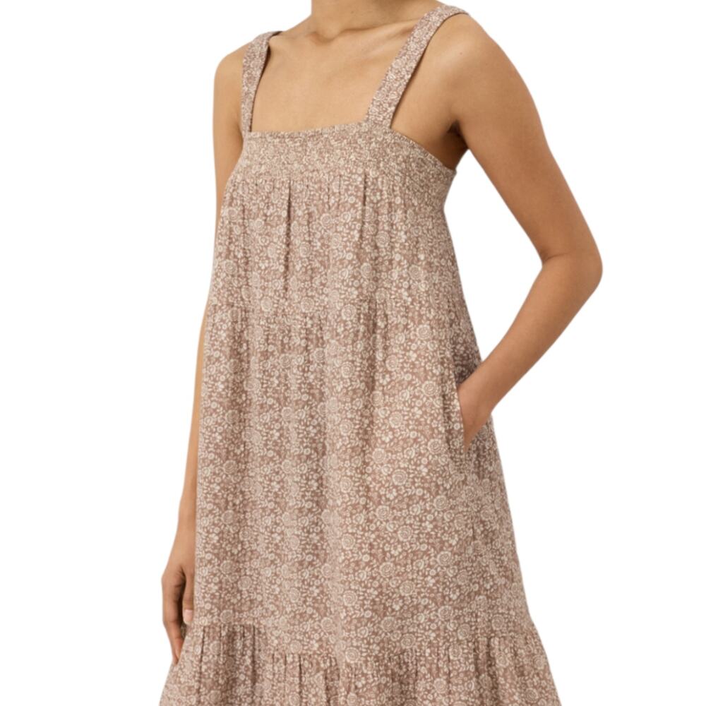 Pact Organic Coastal Gauze Tiered Maxi Dress Block Print Driftwood Brown Medium - Picture 4 of 16